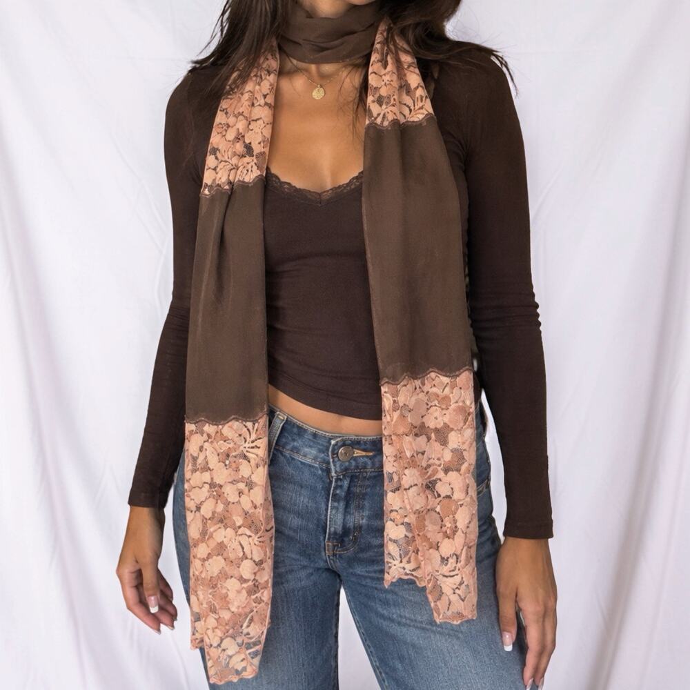 Vintage Y2K Brown & Pink Lace Scarf Sheer Floral Long Romantic Boho